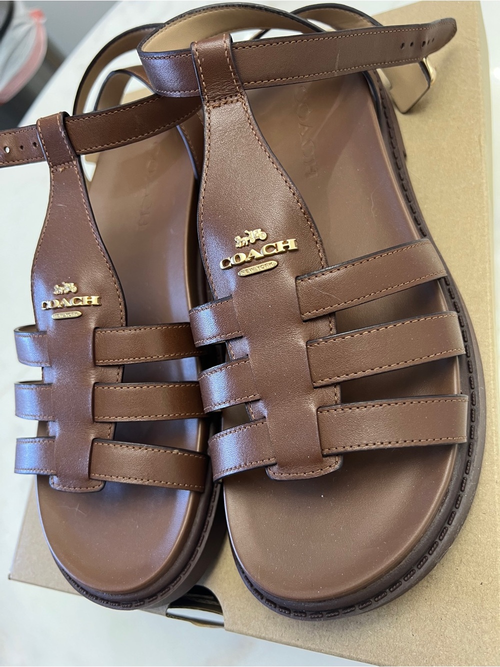 NWT Coach Brown Leather Gladiator Sandals with Gold Logo CR866 - Picture 3 of 6